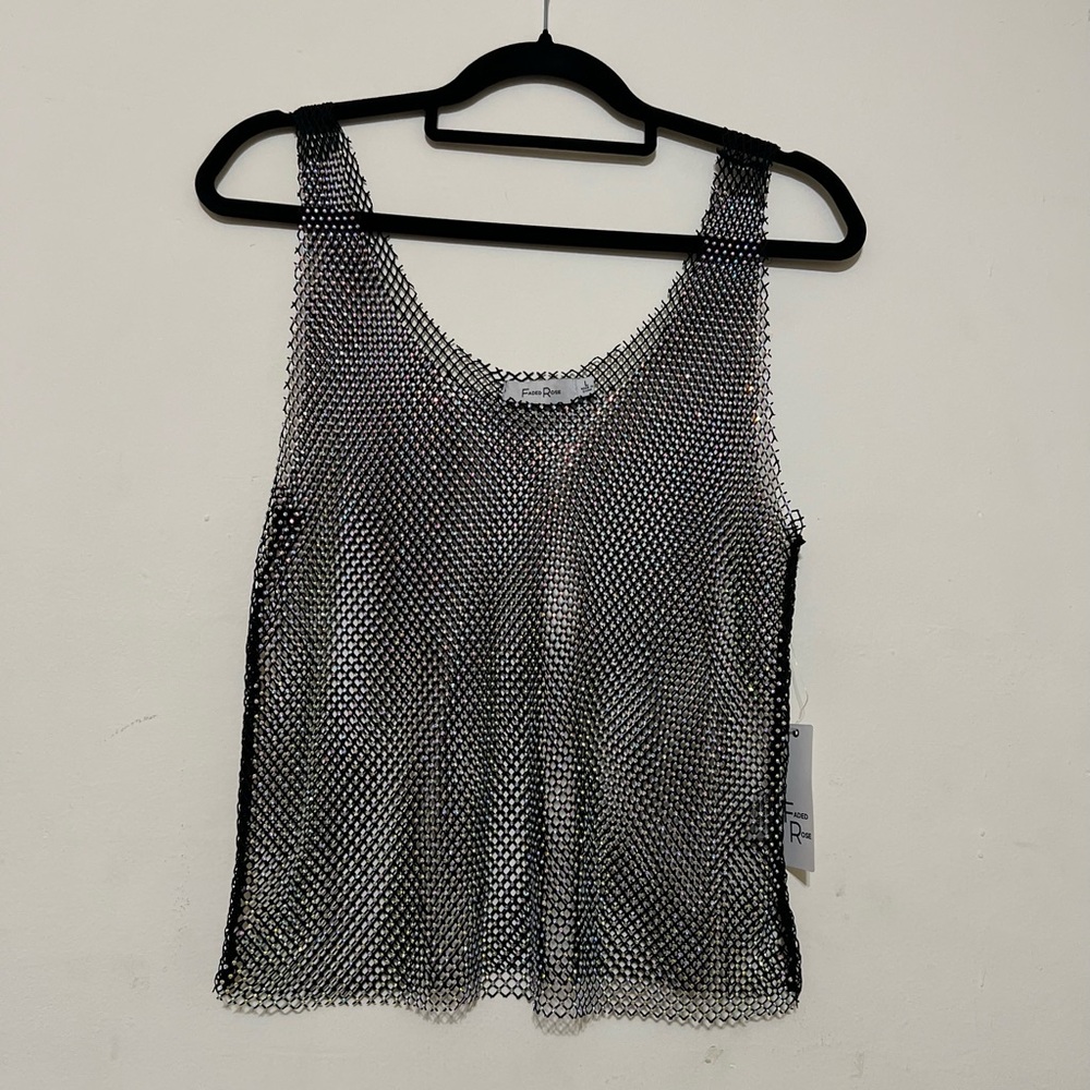 Stylish Black Mesh Rhinestone Women's Top - sleeveless tank top black size L
